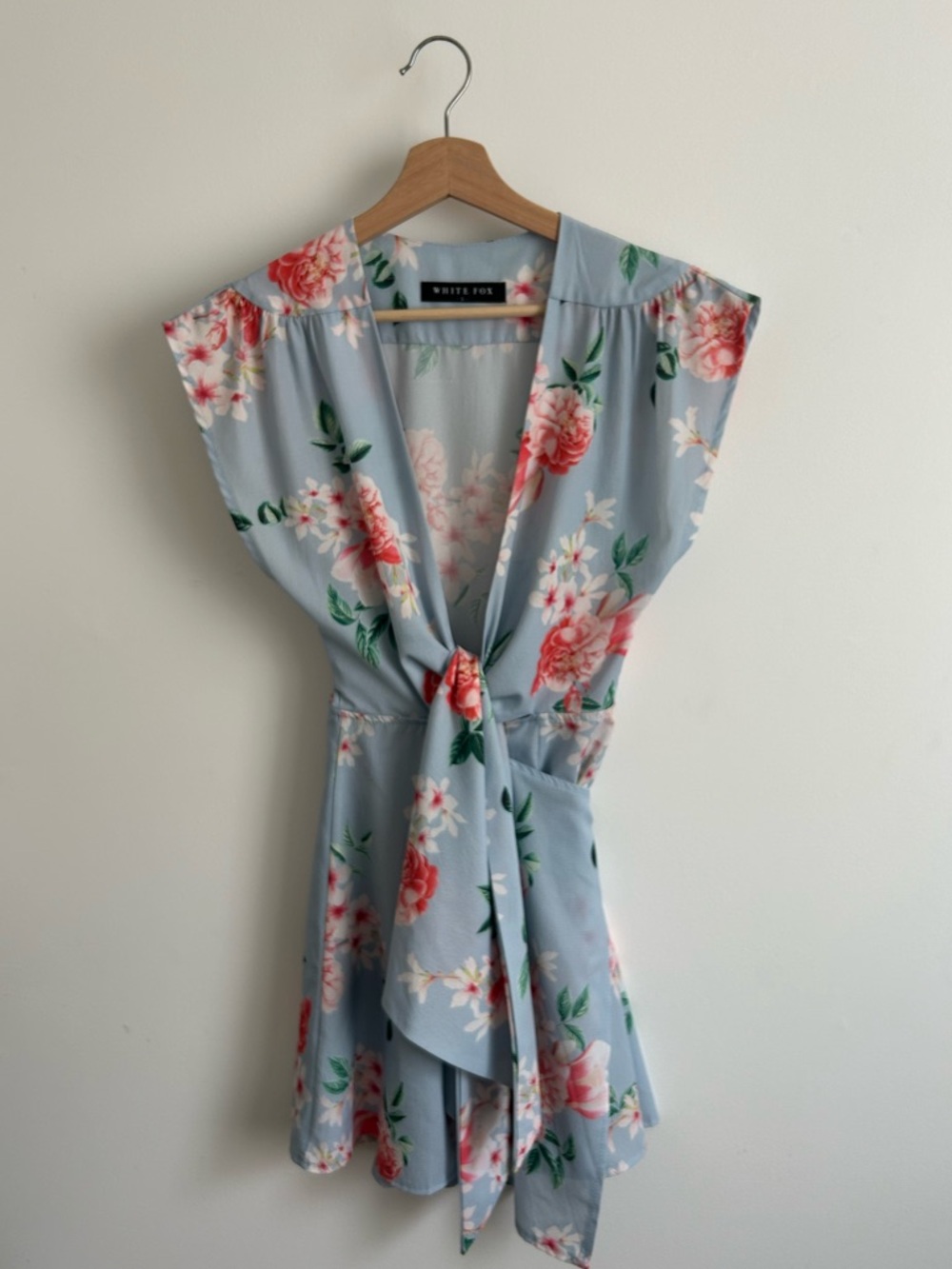 White Fox Boutique Light Blue Floral Mini Dress with Pink Roses